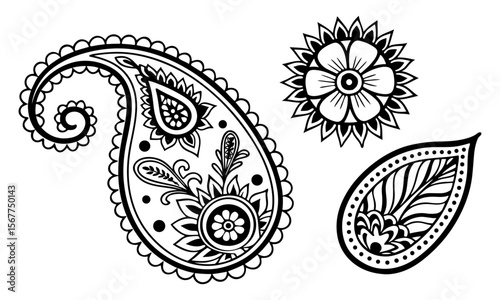 Black and white paisley designs featuring floral elements and teardrop shapes on a white background.