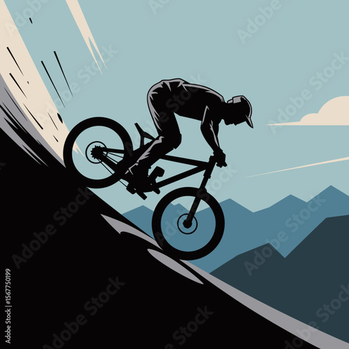Silhouette of a mountain biker in action descending a steep slope with mountains in the background under a clear sky