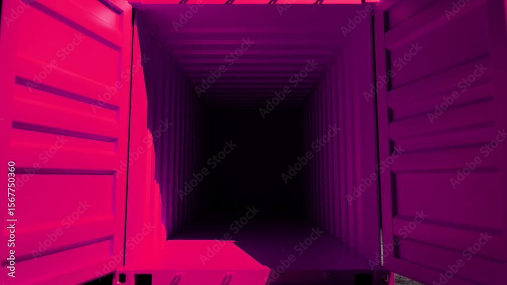 Open purple intermodal container revealing a dark interior, creating a mysterious and intriguing atmosphere related to shipping, logistics, and global trade Open purple intermodal container revealing a dark interior, creating a mysterious and intriguing atmosphere related to shipping, logistics, and global trade