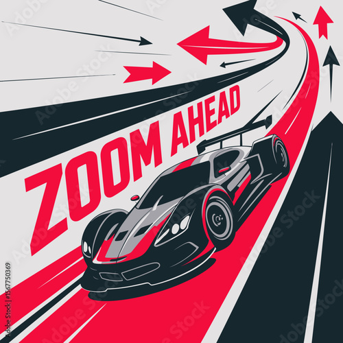 Dynamic illustration of a sleek modern sports car speeding forward with bold red and black graphic arrows indicating motion and direction conveying speed and progress