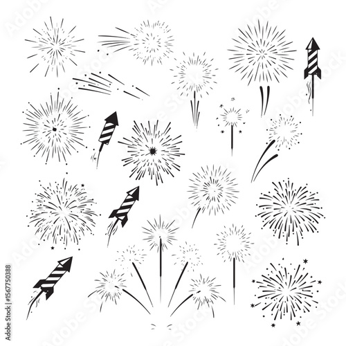 Bursting fireworks and rockets in black and white explosions celebration