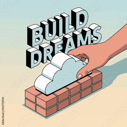 A hand places a cloud shaped brick onto a wall of bricks symbolizing the act of building dreams and aspirations into reality