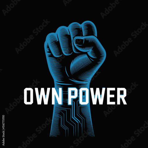 A stylized blue fist with the words own power in white glowing text symbolizing strength empowerment and technological advancement against a dark background