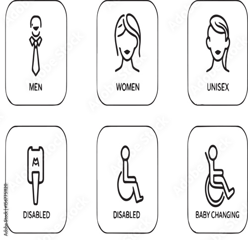 Six restroom signs indicating men women unisex disabled access and baby changing on a white background