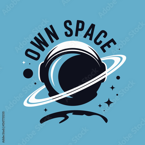Astronaut helmet with rings and stars text own space cosmic exploration and adventure concept stylized graphic design