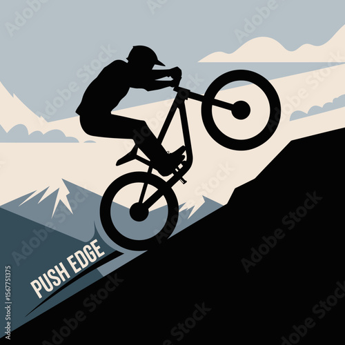 Silhouette of a cyclist performing a wheelie on a steep mountain slope with stylized clouds and peaks in the background conveying extreme sports and adventure