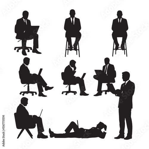 Businessmen using laptops in various poses silhouettes office chairs