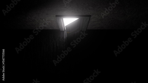 Bright light streaming through a slightly open trap door in the ceiling of a dark, mysterious room, illuminating the space and evoking feelings of hope and the possibility of escape