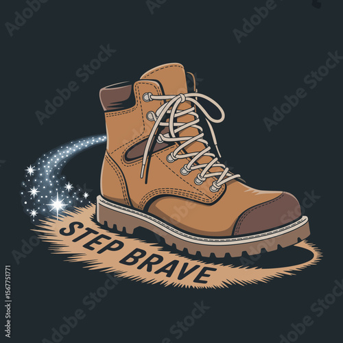 A single brown leather work boot with white laces is depicted in a stylized illustration leaving a trail of sparkling stars and the text step brave