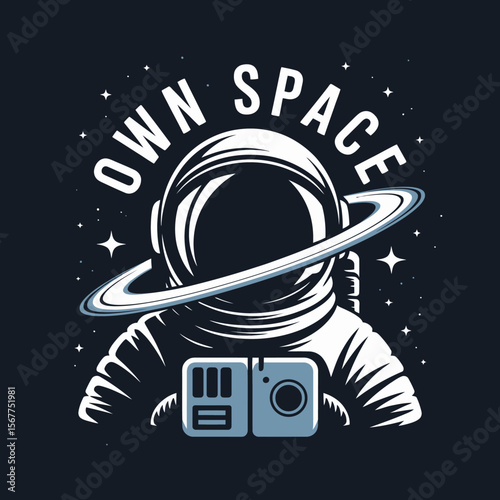Astronaut wearing a helmet with a ring around it surrounded by stars and the words own space graphic design illustration