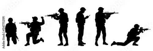 Vector silhouettes of armed soldiers in varied combat positions including kneeling, standing, walking, and aiming rifles, representing battlefield readiness and modern military posture. Warfare