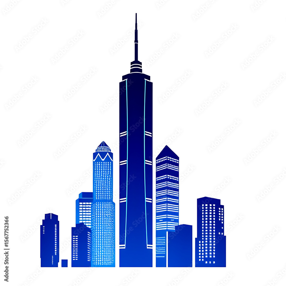 Fototapeta premium Silhouette of neon-lit cyberpunk cityscape at dusk. Blue skyline vector illustration.