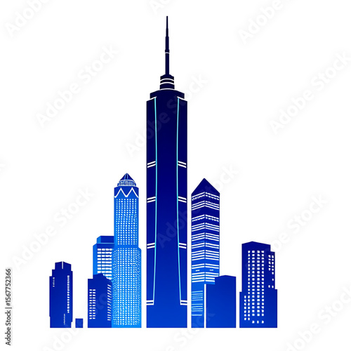 Silhouette of neon-lit cyberpunk cityscape at dusk. Blue skyline vector illustration.