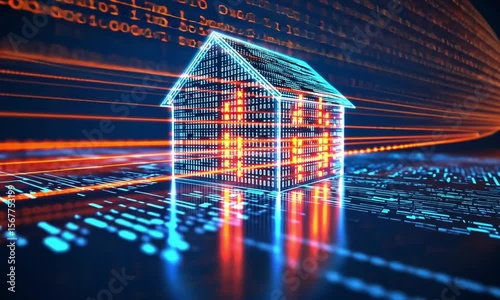 Digital house structure composed of binary code with orange and blue light streaks around it