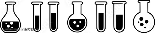 Black and white line art of laboratory glassware, chemistry icon set