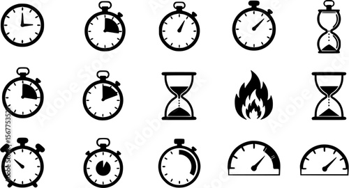 Collection of Time Icons: Clock, Stopwatch, Hourglass, Speedometer, and Fire in Black and White
