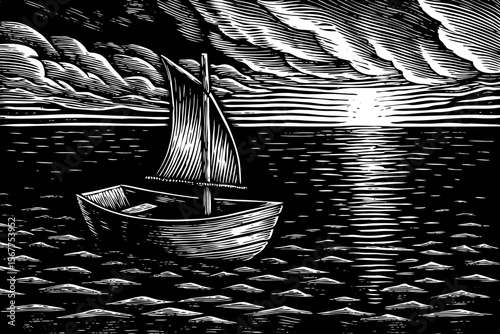 boat on gentle waves with sunset in the background, suitable for marine prints, travel stories or freedom-themed artwork vector a black and white line art illustration
