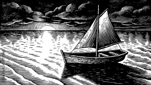 boat on gentle waves with sunset in the background, suitable for marine prints, travel stories or freedom-themed artwork vector a black and white line art illustration