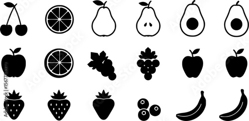 Black and white fruit icons vector set illustration