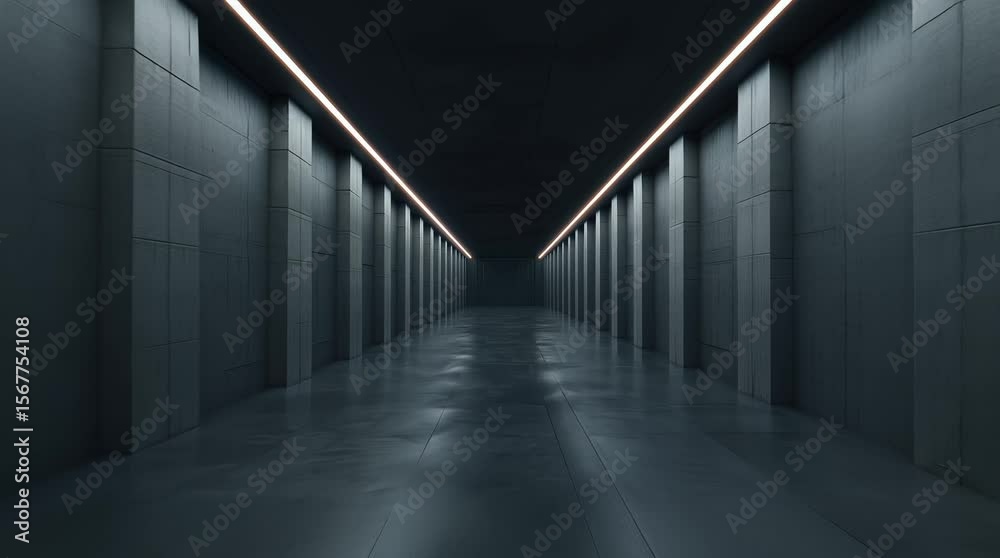 Dark empty corridor with linear lighting in a futuristic style in gray and black colors representing a modern background with copy space words + concept