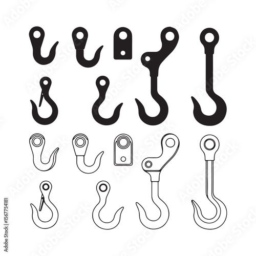 Collection of Black and White Line Drawings of Various Hooks and Shackles for Lifting and Rigging Equipment