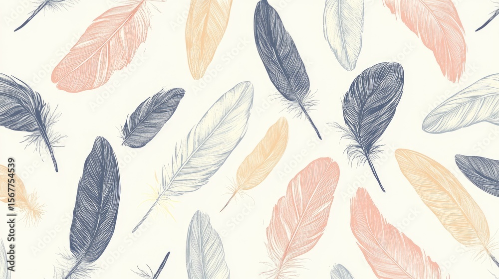 Obraz premium The stock photo shows a seamless pattern of soft pastel hand-drawn feathers.