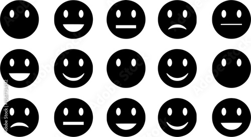 Collection of diverse black and white round emoji faces expressing different emotions