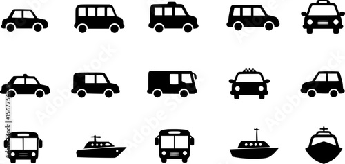 Transportation Icons - Car, Bus, Boat, Taxi, Van in Black and White