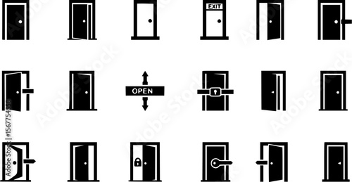 Set of door icons in flat style. Isolated Vector illustration.