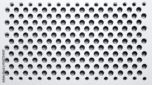 Abstract white perforated plastic surface with uniform circular holes in symmetrical grid pattern. Industrial minimalist texture for product packaging design and background elements.