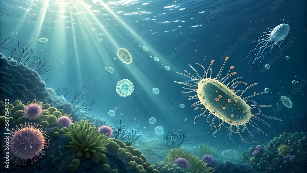 Obraz premium Vibrant Underwater Microorganisms in a Lively Ocean Environment
