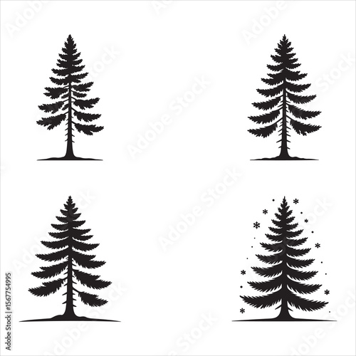 Four Black Evergreen Tree Silhouettes with Snowflakes