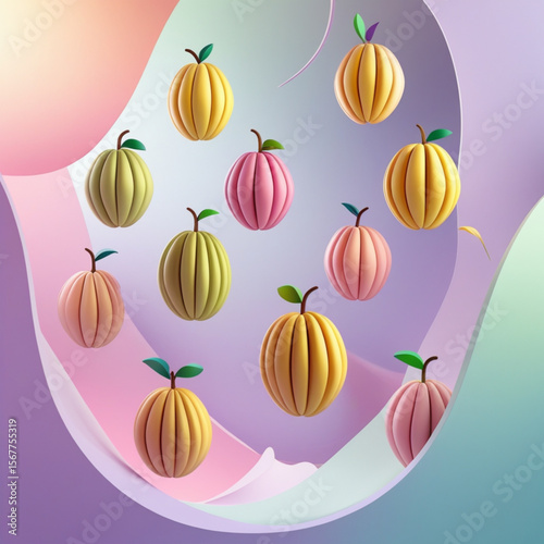 Colorful peaches in playful arrangement with dimensional design