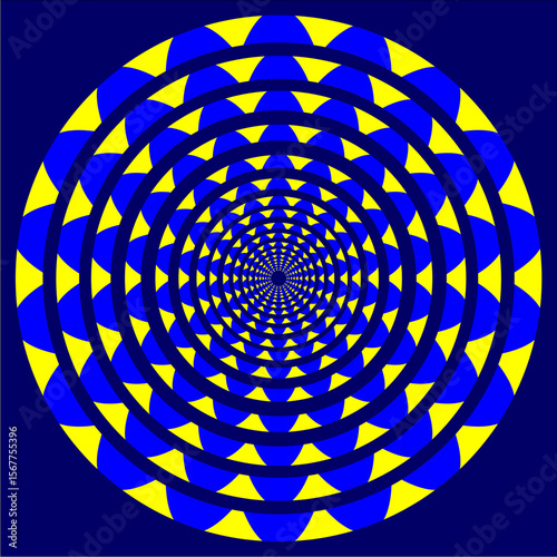 Concentric rings of blue and yellow geometric petals create a dizzying spiral illusion, drawing the viewer’s eye into infinite motion.
