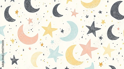 The stock photo shows a seamless pattern of softly colored, hand-drawn stars and moons.