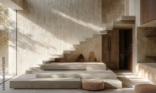 brutalist interior with warm tones  concrete and natural stone  sunlight patterns  minimal decor  Studio KO style