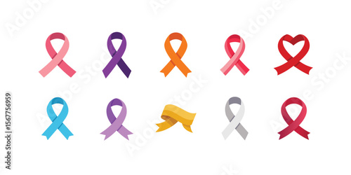 National Cancer Awareness Day Vector Element Set – Symbolic Icons, Ribbon Symbols, Vector Illustration Bundle