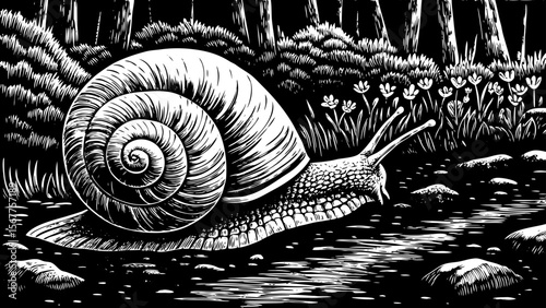 A snail carrying a miniature forest on its shell, perfect for surreal artwork, eco stories or fantasy packaging a black and white line art illustration