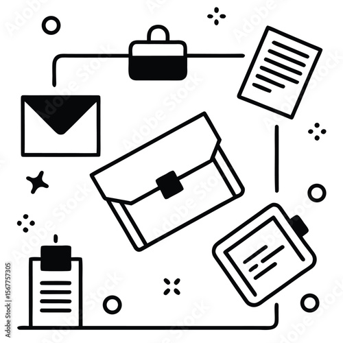 Black and white icons of business documents and briefcase envelope clipboard