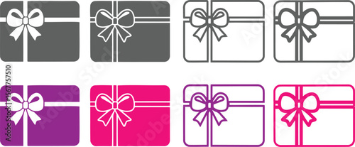 Collection of eight gift box icons with bows in various colors and styles isolated on transparent background