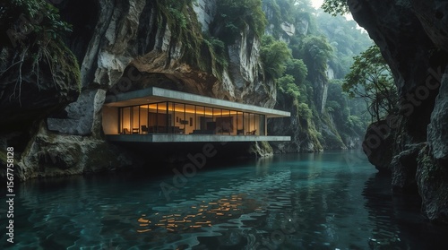 Modern Glass House Built Into Cave Rock Formation Over Turquoise Water