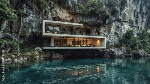 Two-Story Modern Concrete House Nestled in Limestone Cliffs Above Emerald Lake