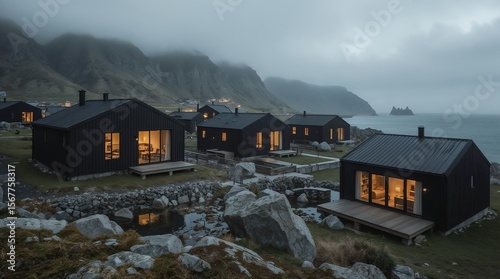 Contemporary Black Cabins Resort with Sea Stacks and Mountain Views at Dusk