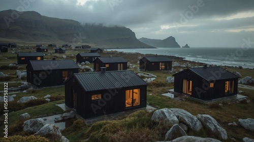Minimalist Black Cabin Resort Scattered Across Windswept Coastal Moors