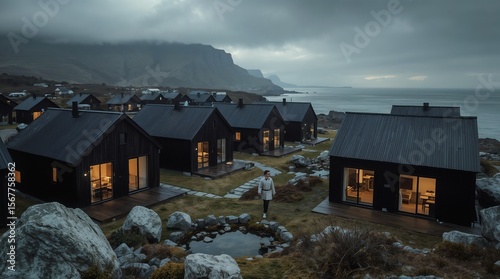 Modern black cabin village at dusk with dramatic coastal landscape and mountains