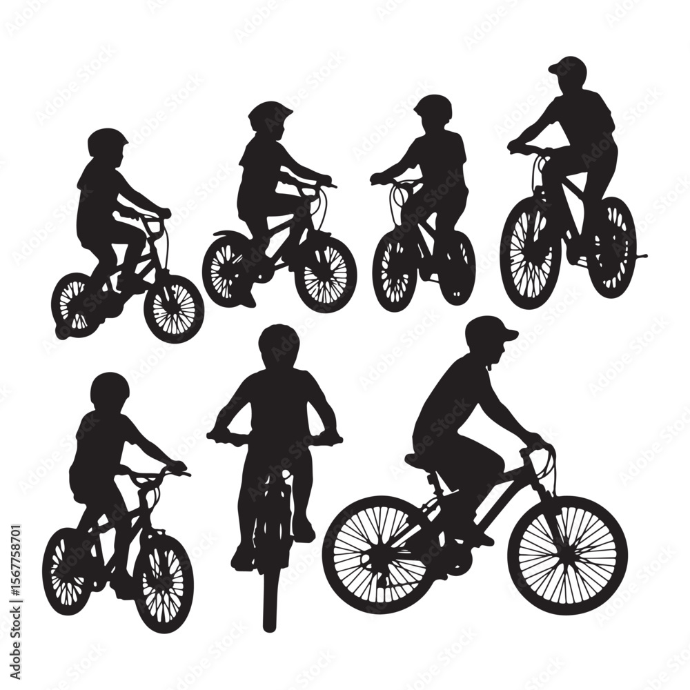 Naklejka premium Collection of Black Silhouettes Children Riding Bikes Various Bicycle Types Kids on Bikes Different Bicycle Sizes Active Children Outdoor Activities Cycling Silhouettes
