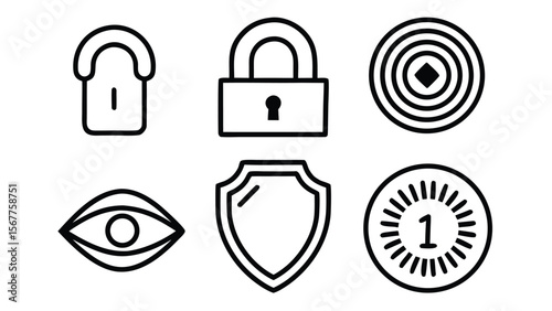 Black outline icons for security privacy and protection lock shield