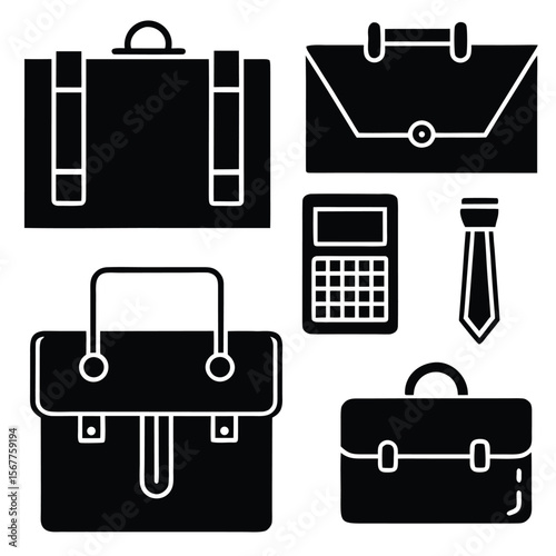 Black silhouette icons of briefcases calculator and necktie portfolio messenger bag