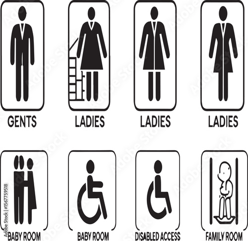 A collection of restroom signs including gents ladies baby room disabled access and family room icons