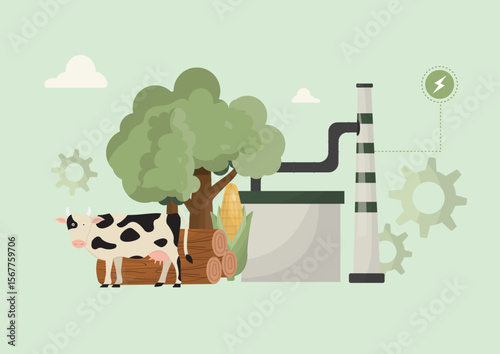 Biomass renewable energy. Clean power generation from farm waste concept. Green technology. Renewable energy. Sustainable power technology. Biomass energy concept. Flat design. Vector illustration